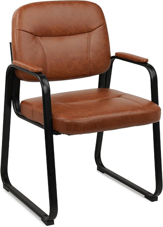 CLATINA Waiting Room Guest Chair with Bonded Leather Padded Arm Rest for Office Reception and Conference Desk Black with Sled Base Brown 1 Pack