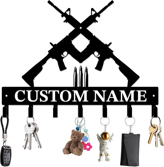 Personalized Custom Name Gun Wall Hooks,Metal Gun Room Art Clothes Hooks,Metal Gun Wall Home Storage Decorative,For Front Door, Hallway, Kitchen, Bedroom,Keys,Hats (Style J)