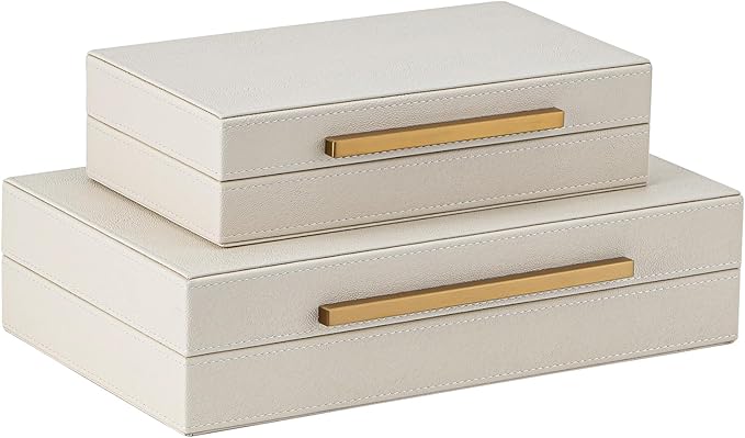 Faux Leather Large Modern Stackable Nesting Jewelry Box with Lids Organizer – Set of 2 Beige Shagreen Decorative Storage Boxes with Gold Metal Handles