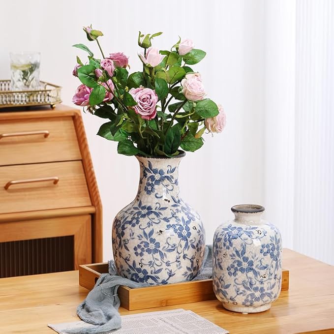 Decorative Ceramic Flower Vase, Blue and White Floral Pattern, 11''Flower Ceramic vase