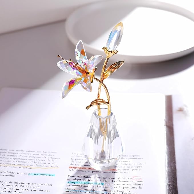 Movdyka Clear Crystal Lily Flower Figurine with Stems - Handmade Collectible Statue for Decoration Mothers Day Centerpiece Valentines Day Bridal Shower Gift