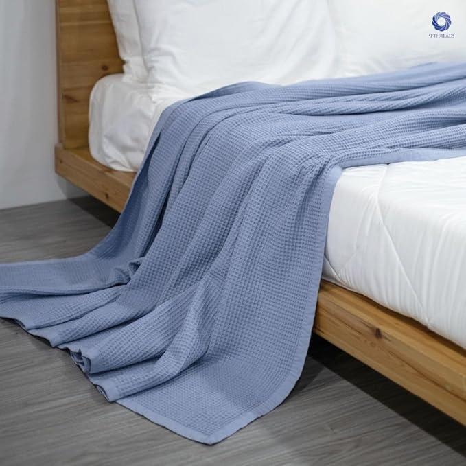 9Threads GOTS Certified Organic Cotton Waffle Weave Blanket, Queen Bed Size, 90"X90"Cozy Throw Blanket for Couch, Modern Home Decor, Throw Blankets, Waffle Blanket, Soft Bed Blankets - Powder Blue