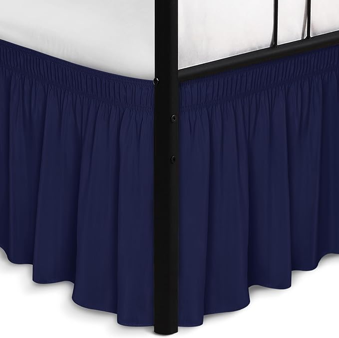 Biscaynebay Wrap Around Bed Skirts with Split Corners for Queen Beds 17" Drop, Navy Elastic Dust Ruffles Easy Fit Wrinkle & Fade Resistant Silky Luxurious Fabric Solid Machine Washable