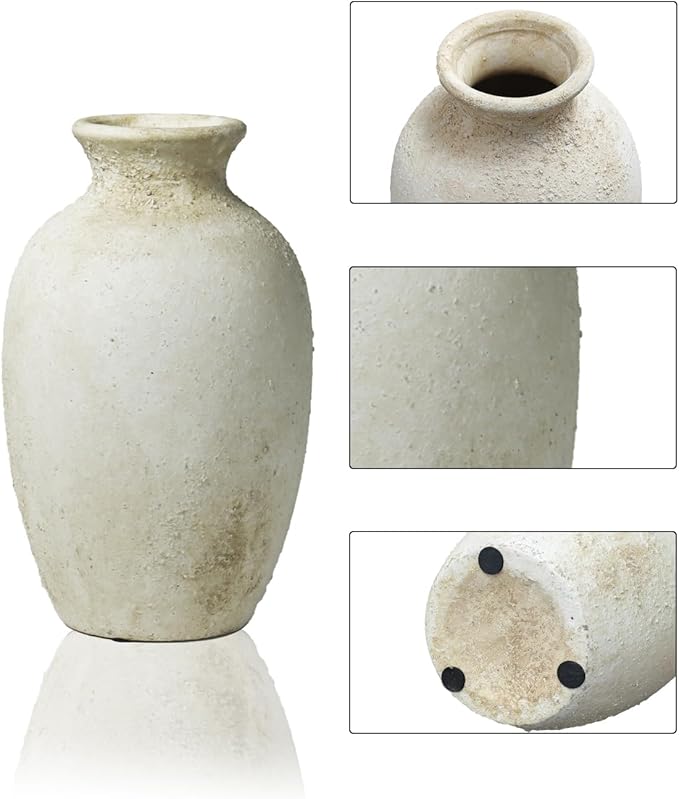 Ceramic Flower Vase Home Decor – 8.3 Inches Pottery Rustic Farmhouse Bottle Vase for Table Centerpiece, Shelf & Mantel, Beige