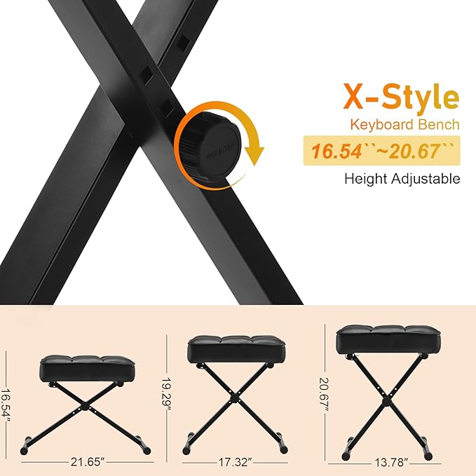Keyboard Bench Adjustable Piano Stool - Extra Comfortable Piano Bench with High Rebound Sponge Cushion,No Deformation,Superior Support,X-Style Portable Foldable Piano Chair, 3 Height Adjustment(Black)