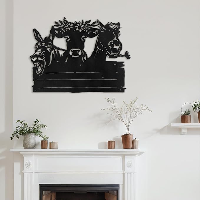 SIGNLEADER Metal Wall Art Decor Cute Cow and Horse Minimalist Modern Abstract Wall Sculpture Hangings Home Decoration for Living Room, Bedroom, Bathroom, Kitchen, Outdoor - 18" Black