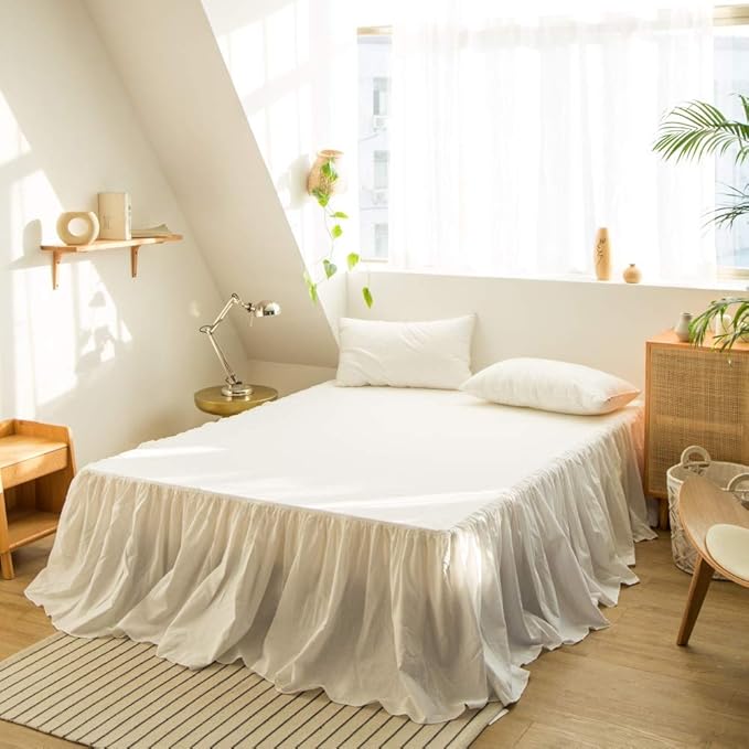 BISELINA French Linen Bed Skirt with Pleated Frills 18-Inch Tailored Drop Natural Flax Cotton Blend Dust Ruffle Soft Cozy Farmhouse Bedding (18" Full, Ruffle White)