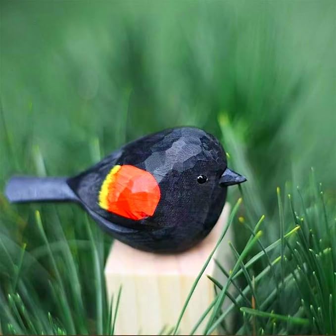 Hand-Carved Red-Winged Blackbird Figurines – Hand-Painted Wooden Bird Sculptures, Decorative Wood Bird Statues for Home & Office Décor, Gifts for Bird Lovers