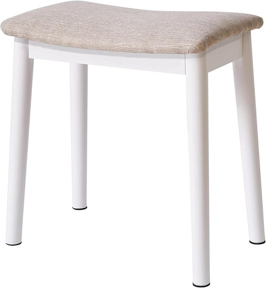 IBUYKE Saddle Cushion Vanity Stool Chair, Foot Rest Stool with Solid Wood Legs, Modern Vanity Bench Ottoman for Piano, Upholstered Seat for Bedroom, Entryway, White Legs&Light Linen WBD007WY