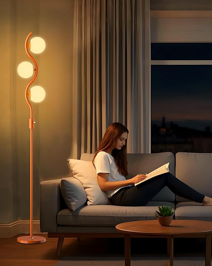 Lightdot 3-Globe Dimmable Floor Lamp Orange Mid Century Modern Standing Lamp with 3PCS 3000K G9 Bulbs Stepless Brightness Adjustable Stable Base for Living Room, Bedroom, Office