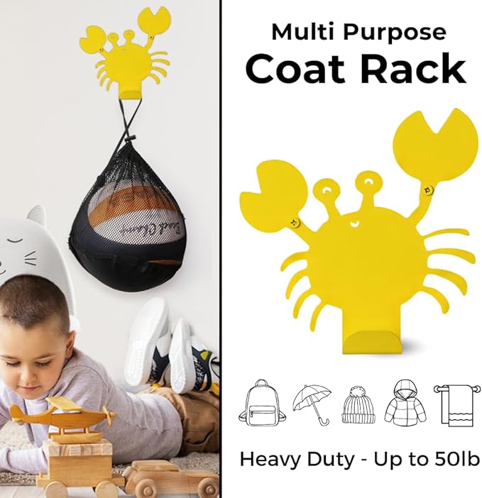 Cute Crab Wall Hook – Heavy-Duty Metal Hook for Hanging Coats, Backpacks, Towels & More – Fun Kids’ Wall Hooks for Bedroom, Playroom, Nursery & Bathroom – Decorative & Durable (Yellow)