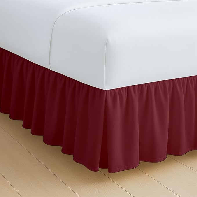 Rajlinen Ruffled Bed Skirt Twin, 24 Inch Drop Dust Ruffle with Split Corners, 100% Microfiber Bedskirt with Platform, Three-Sided Coverage Ruffled Gathering Design, Burgundy