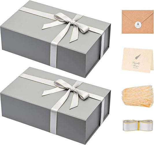 LIFELUM 2 Pack Large Gift Boxes with Lids,13.85 x 8.35 x 4.45 inch Gift Box Rectangle Collapsible Box Groomsmen Gift Boxes for Presents with Ribbon, Card, Shredded Paper Filler