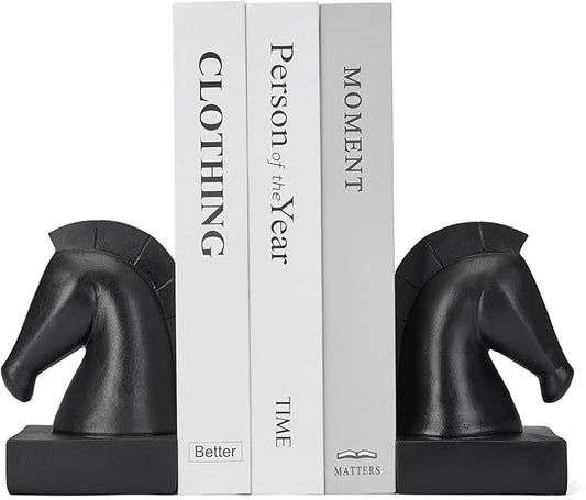 Black Horse Head Decorative Bookends - Heavy Duty Non-Slip Book Holders, Horse Statue Book Ends for Shelves, Modern Equestrian Ornaments for Home Farmhouse Shelves Office Lover Gift