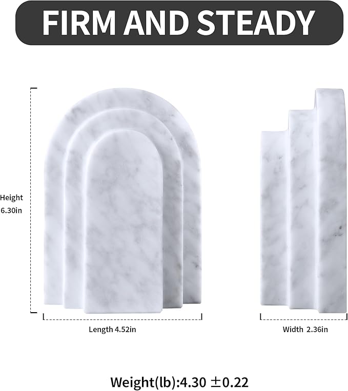 BUICCE Modern Book Ends for Shelves Nature Marble Decorative Bookends Heavy Duty Bookshelf Holder for Office Desk Decoration (White)