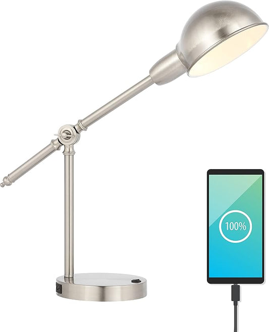 JONATHAN Y JYL7123B Curtis 20.25" Iron Adjustable Dome Shade LED Task Lamp, USB Charging Port, Classic, Coastal, Industrial, Vintage, Farmhouse, Traditional for Bedroom, Living Room, Office, Nickel