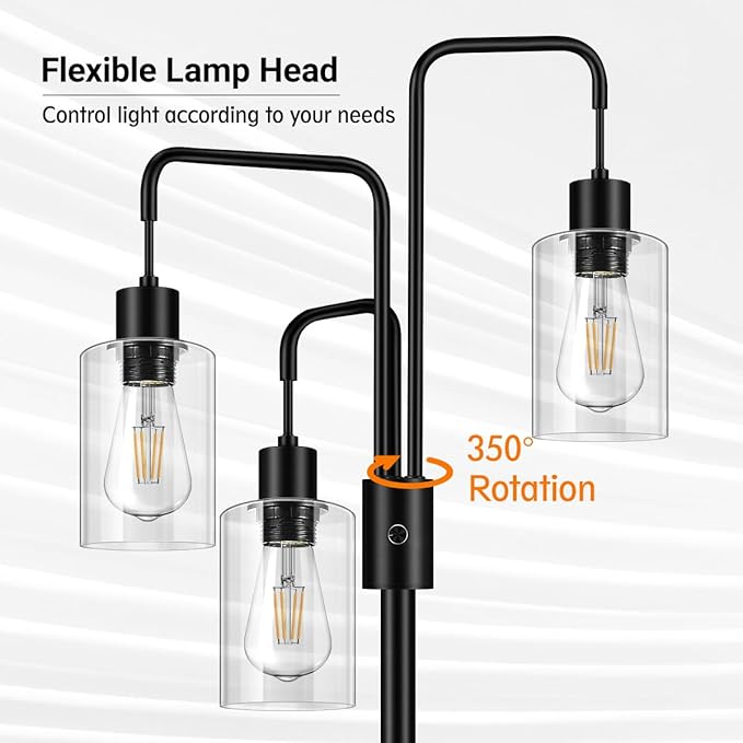 BoostArea Industrial Floor Lamp for Living Room,Glass Lampshade,Modern Stand Up Lamp with 3 Light,Simple Design Floor Lamp for Bedroom, Living Room, Office, Kids Room, Reading