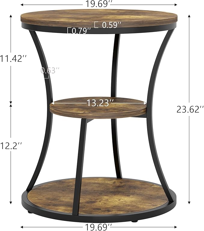 19.69 inches Round End Table,3 Tier Side Table with Storage Shelf,Compact Coffee Table and Tea Sofa Table,Vintage Nightstand for Living Room Bedroom Study Small Spaces ,Rustic Brown and Black