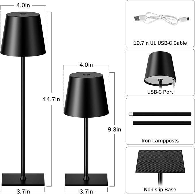 Black Cordless Rechargeable Table Lamp, 2 Pack Portable Desk Lamp with 5000mAh Battery, Touch Control Stepless Dimming, Wireless Night Light for Dining, Outdoor Camping, Coffee Shop, Waterproof Design