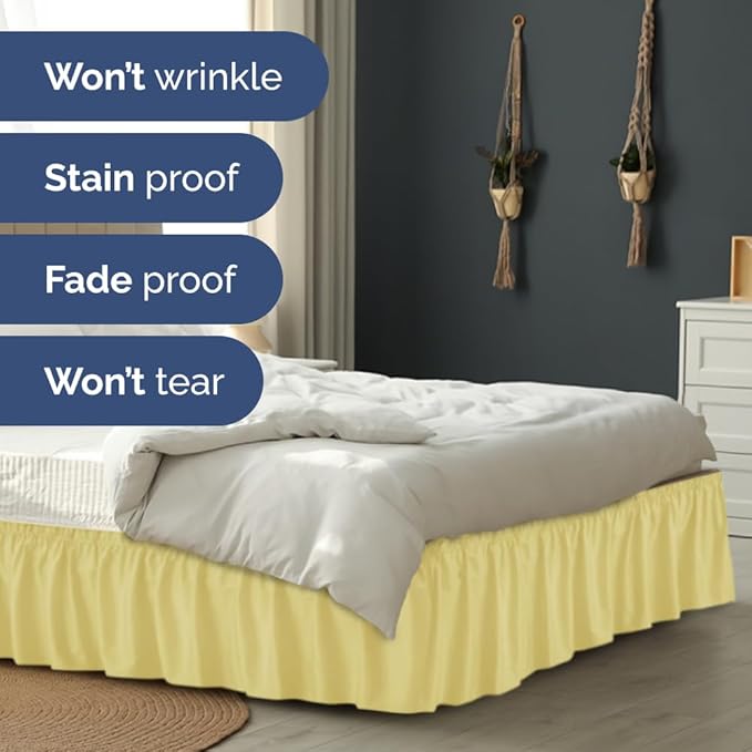 Wrap Around Dust Ruffle Bed Skirt - Yellow - for Full Size Beds with 18 Inch Drop - Easy Fit Elastic Strap - Adjustable Pleated Bedskirt w/Brushed Fabric - Wrinkle Free - for Women, Men, Kids & Teens