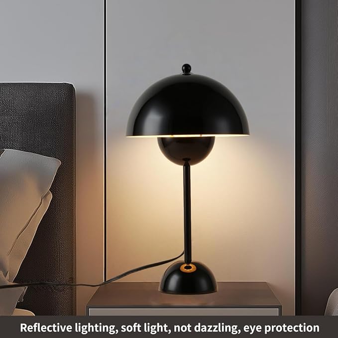 COSYLUX Modern Small Table Lamp for Bedroom, Cute Dome Shade Reflecting Light Reading Lamp for Living Room, Kid's Room, Study, Office, Beside Bedside Nightstand Desk Lamp(Bright Black)