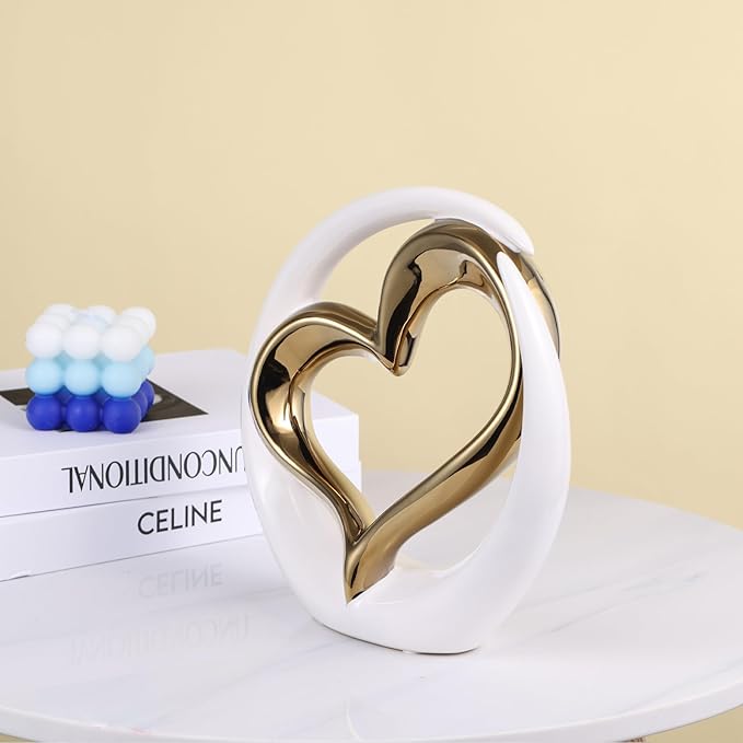 White Gold Ceramic Heart Statues Decor, Abstract Home Sculptures for Bedroom Decor, Wedding Decor, Decoraciones para Salas De Casa, Valentine Decor, Gifts for Women (E-White Gold)