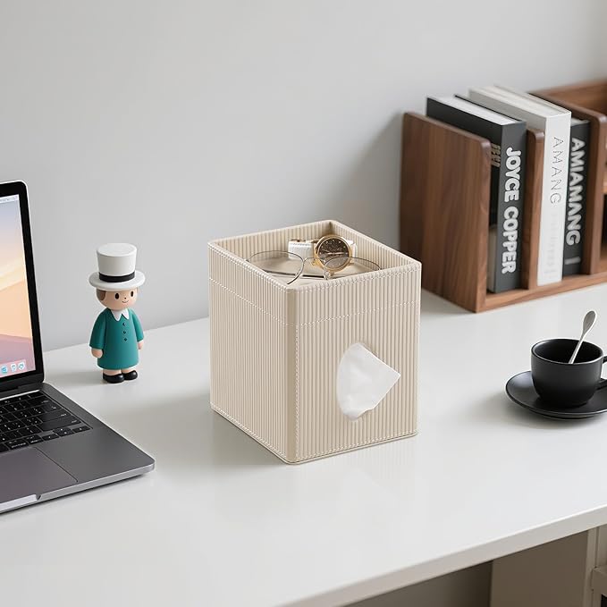 Square Tissue Box Cover with Tray, PU Leather Tissue Box Holder Decorative Cube Tissue Holder for Bathroom Bedroom Office (Beige)
