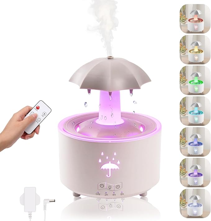 2-in-1 Raindrop Humidifier Oil Diffuser, Essential Oil Diffuser with 360° Rotating Raindrop & 7 LED Mood Lights, Rain Sounds for Sleeping, Quiet Cool Mist Humidifier for up to 24 Hrs,Ideal for Home