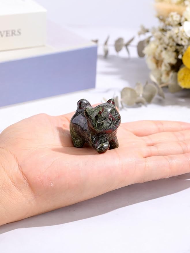 Jovivi Natural Dragon Bloodstone Crystal Cat Statue Home Decor Carved Gemstone Cats Figurine Collectibles Pocket Sculpture Pet Memorial Decorative Ornament Gift for Cat Lovers