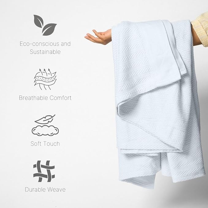 9Threads 100% Cotton Herringbone Weave Blankets, 66"X90" Twin, Throw Blanket for Bed,All Season Cotton Blanket, Cozy Blanket,Throws Bed Blanket, Throw Blanket for Couch,Modern Home Decor -Light Blue