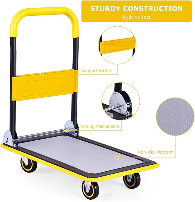 S AFSTAR Folding Push Cart Dolly, Rolling Platform Cart for Garage Warehouse, Portable Flatbed Cart with Non-Slip Swivel Casters (330Lbs Load-Bearing Capacity, Yellow)
