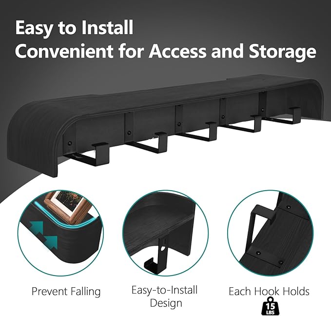 Coat Rack Wall Mount with Shelf 5 Hidden Hooks Modern Wooden Key Holder Entryway Organizer for Hallway Bedroom Bathroom Home Decor Storage for Hanging Coats Hats Bags Towels, Black