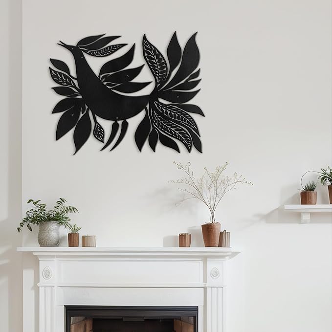 SIGNLEADER Metal Wall Art Decor Bird with Leaves Minimalist Modern Abstract Wall Sculpture Hangings Home Decoration for Living Room, Bedroom, Bathroom, Kitchen, Outdoor - 18" Black