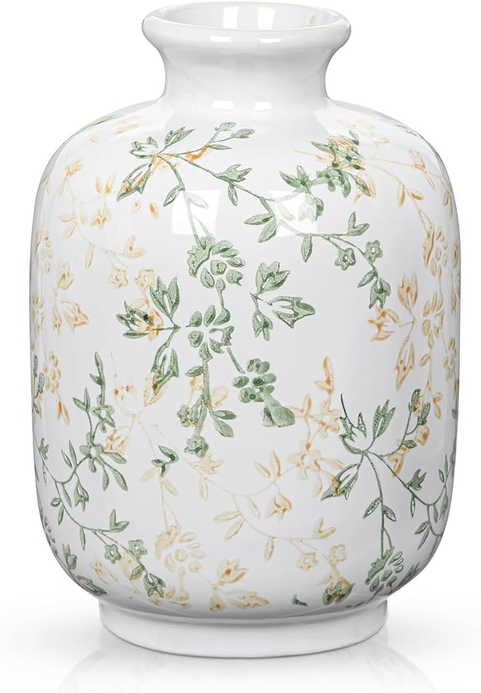 Hollyone Green and White Porcelain Vase Large Chinoiserie Floral Vintage Tall Green Ceramic Vases for Home Mantle Shelf Living Room Table Centerpieces Decor, 7.3 Inch