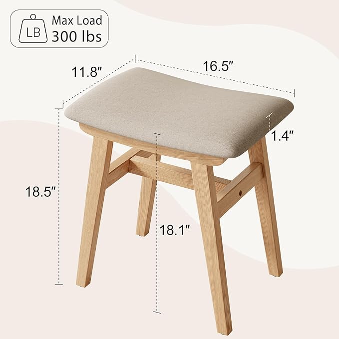 Solid Wood Vanity Stool, Compact Makeup Chair with Saddle Cushion, Linen-Covered High Rebound Sponge Seat, Easy Assembly Footstool for Bedroom, Entryway, Home, Natural