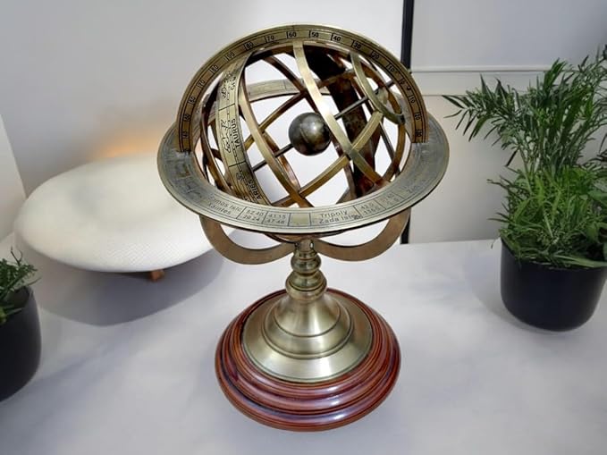Antique Vintage Zodiac Armillary Decorative Globe with Wooden Base - 5 Inch Brass Sphere World Globe Zodiac Engraved Celestial, Antique Ship Decor