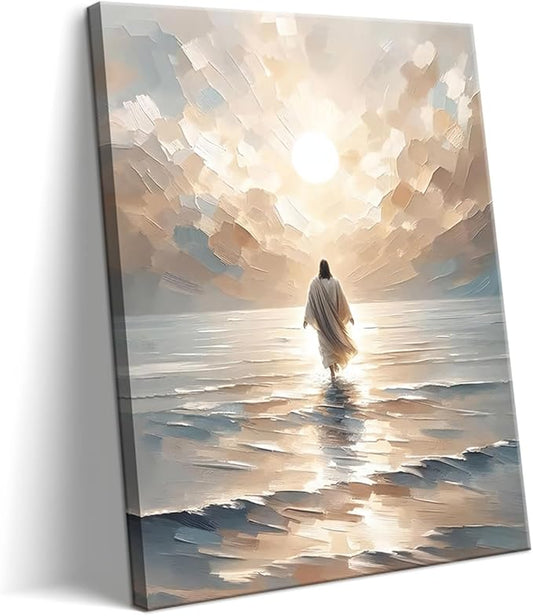 Jesus Walking on Water Canvas Wall Art, Christian Bible Stories Wall Decor Paintings, Jesus Walks on Water on Water Back Posters Prints Pictures for Church Living Room Bedroom 12x16 Inch Framed
