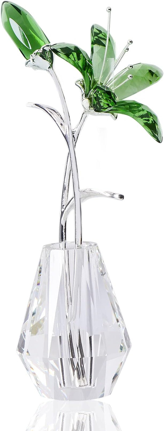 Movdyka Crystal Lily Flower Figurine with Stems, Handmade Collectible Statue for Decoration Mothers Day, Centerpiece, Valentines Day, Bridal Shower Gift Green