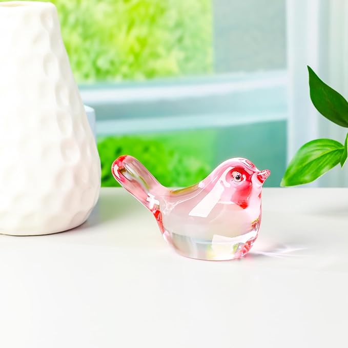 YWHL Handmade Crystal Pink Bird Figurines, Animals Gifts for Birds Lovers Women Men, Art Glass Birds Collectible for Home Decor, Desk Table Home Office Decoration