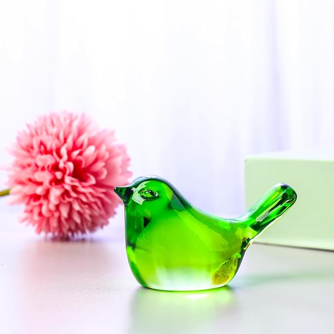 YWHL Handmade Crystal Green Bird Figurines, Animals Gifts for Birds Lovers Women Men, Art Glass Birds Collectible for Home Decor, Desk Table Home Office Decoration
