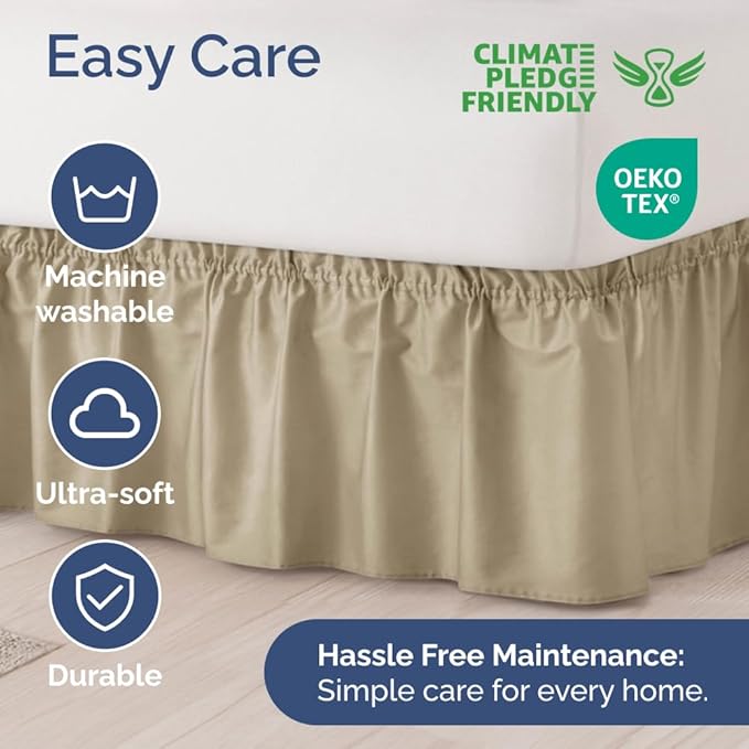 Wrap Around Dust Ruffle Bed Skirt - Beige - Twin/Twin XL Size Beds with 18 Inch Drop - Easy Fit Elastic Strap - Adjustable Pleated Bedskirt w/Brushed Fabric - Wrinkle Free - Women, Men, Kids & Teens