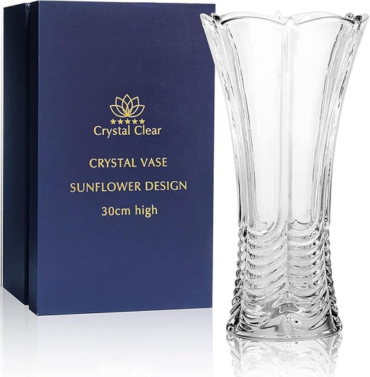 CS Crystal Vase 12-inch high, Water Ripple Design, for Flowers & Decor. Lovely Nice Shiny Piece. Perfect as a Gift, Suitable for All Occasions.