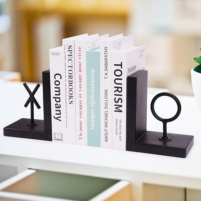 Book Ends Black Bookends Heavy Duty Decorative Bookends to Holders Books Unique Modern Book end Metal Book Stoppers for Shelves/Office Decor/Home,Book Holders Nonskid (Black)