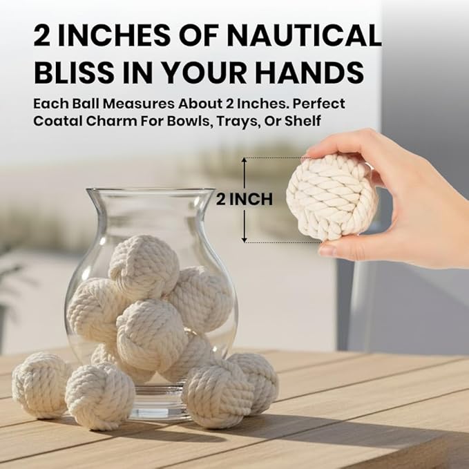 Set of 6 Decorative Nautical Cotton Rope Balls – 2 Inch Each – Handmade Rustic Knot Spheres – for Coastal Home Decor, Bowl Fillers, Tray Styling, Wedding Centerpieces, or Housewarming Gift Idea