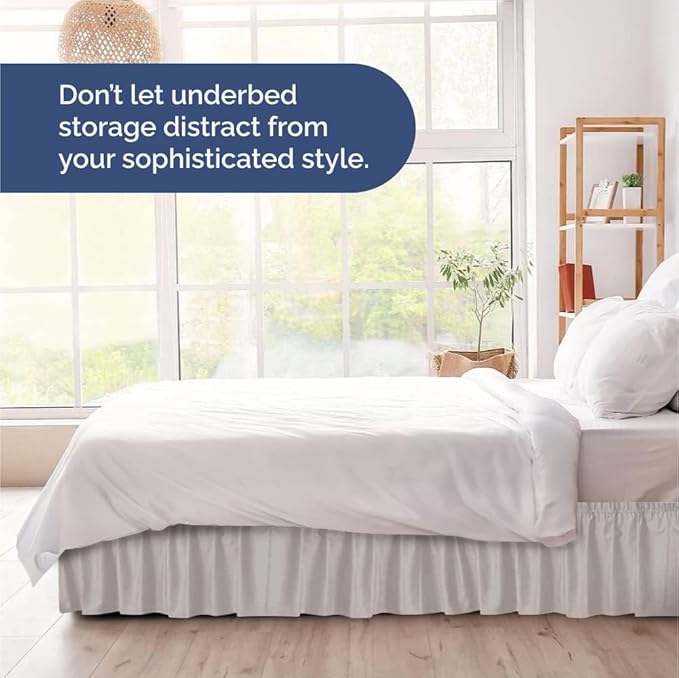 Wrap Around Dust Ruffle Bed Skirt - Light Grey - for Full Size Beds with 21 Inch Drop - Elastic Strap - Adjustable Pleated Bedskirt with Brushed Fabric and Wrinkle Free - for Women, Men, Kids & Teens