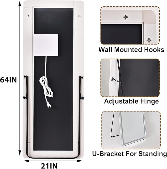 HARRITPURE LED Full Length Mirror - 64"x21" Rounded Corner Floor Mirrors with Stand, Large Standing Mirror with Lights for Bedroom/Cloakroom -Dimmable & 3 Color Lighting/Wall Mounted