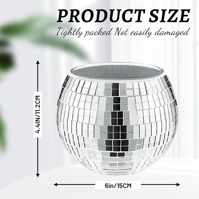 2 Pcs Disco Ball Vase,4.4 x 6 Inch Mirrored Disco Ball Planter,Disco Ball Candle Holders Perfect Disco Decorative Planters for Living Room Bedroom Dining Table Wedding Party Birthday