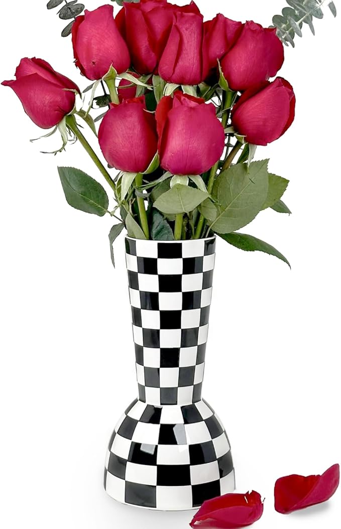 Black and White Checkered Vase, Aesthetic Modern Ins Cool Flower Vases for Home Decor, Entryway Table, Centerpieces Decoration, Kitchen, Living/Dining Room, Bedroom, Bathroom, Coffee Tables (Ceramic)