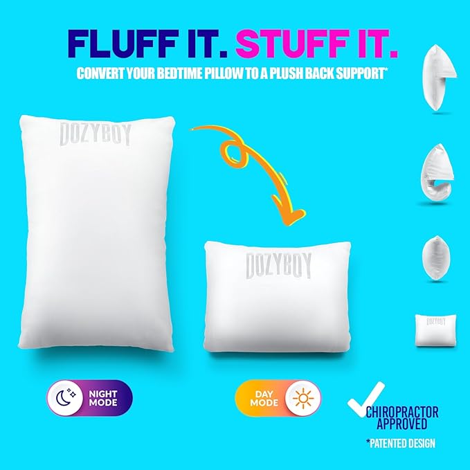 DozyBoy Fluff and Stuff Comfort Pillow | Queen Size Memory Foam Pillows, Chiropractor Designed and Approved 2-in-1 Back Support and Bed Pillows | Fully Adjustable Pillow (White, Queen (Pack of 1))