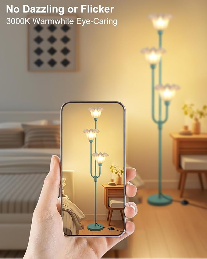 ACOHOOK Flower Floor Lamp for Living Room, Dimmable Vintage Floor Lamp with Shelf & LED Bulbs, 3 Light 3000K Soft Warmwhite Mid Century Gold Standing Lamp, Floral Tall Lamp for Bedroom Office-Green